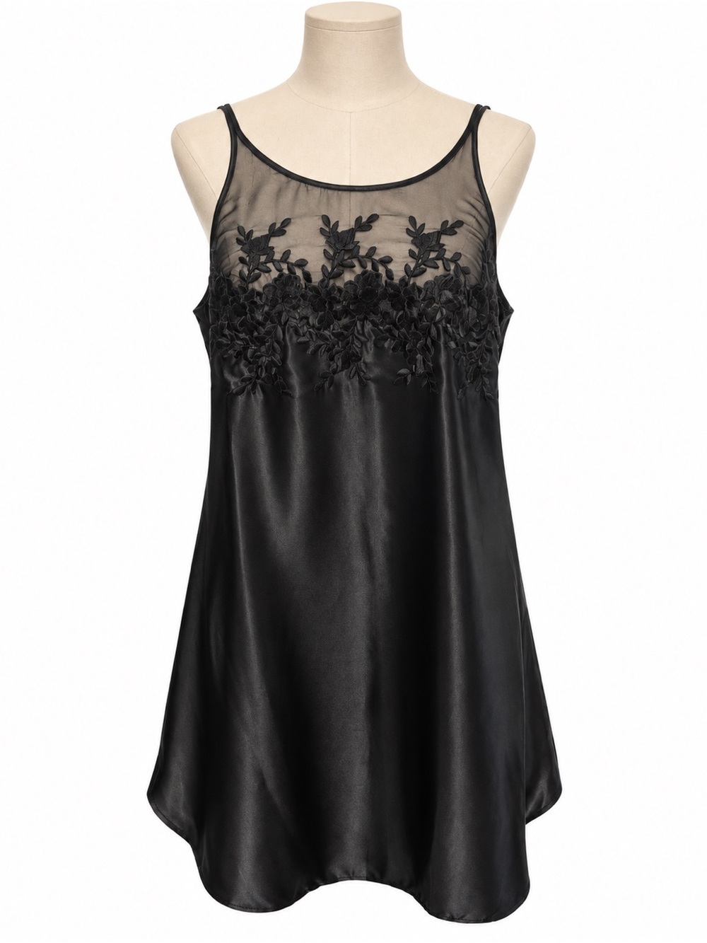 Denvello Black Satin Sheer Embroidered Slip Dress Nightgown Medium